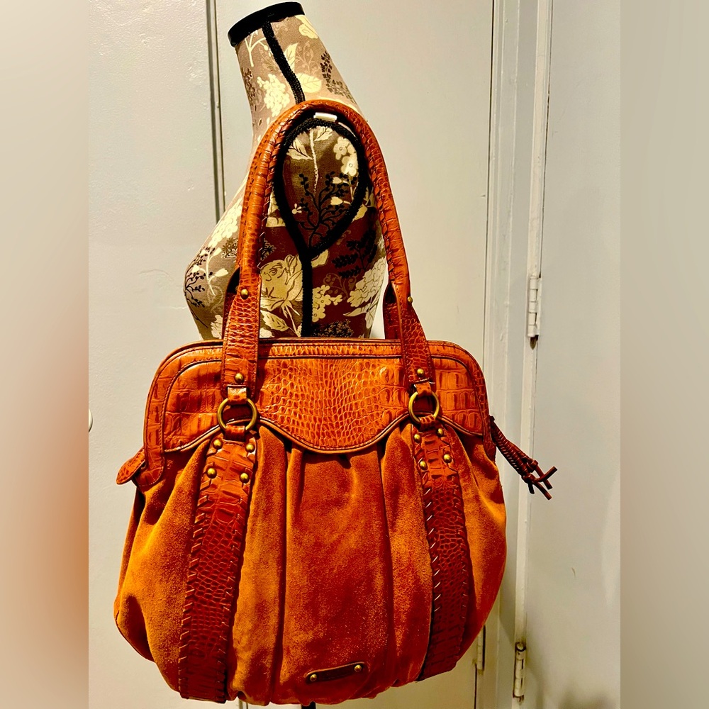 Cole Haan cognac tan suede satchel tote with leather straps